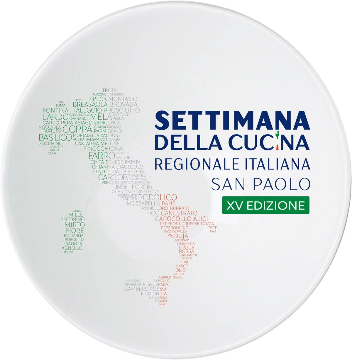 Officieel logo van de 15e Settimana della Cucina Regionale Italiana — San Paolo: een wit bord met de kaart van Italië, geschreven in namen van ingrediënten